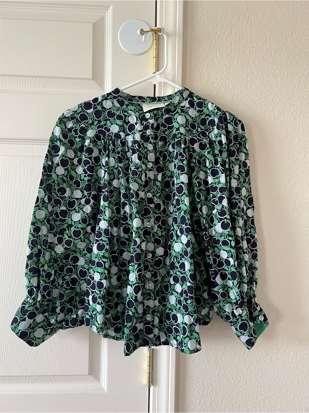 Maeve Anthropologie Whimsy Print Button Down Blouse Green Navy Small